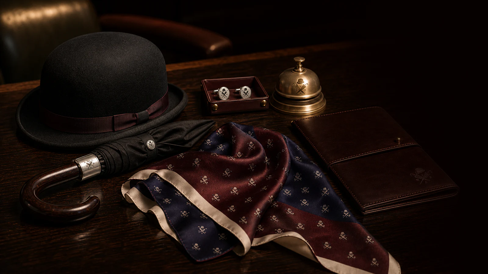 Steeple Times bowler, umbrella, silk, cufflinks, bell and leather case
