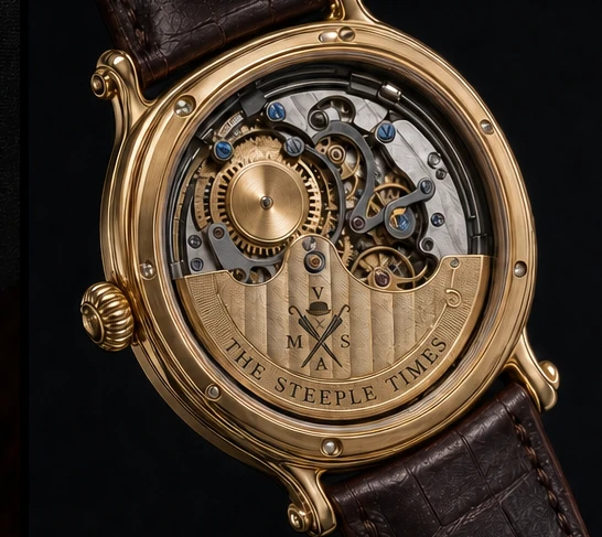 Belfry I strike mechanism and engraved gold caseback