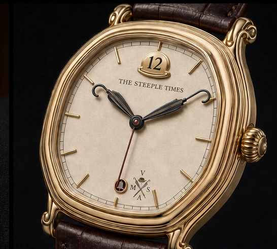 Close view of the ornate solid-gold Belfry I dial and case