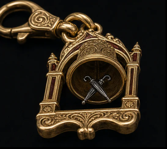 Close view of the miniature bell, Gothic arch and bowler crown