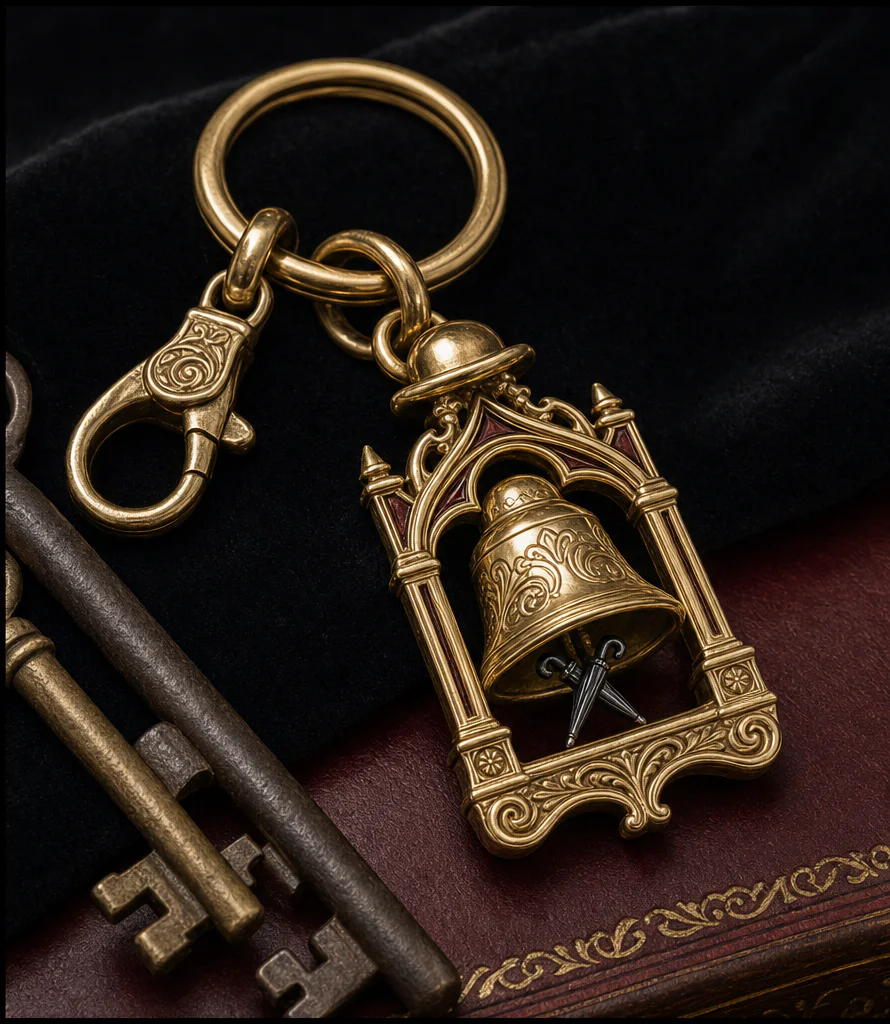 Ornate gold-vermeil Belfry key fob with bell and Gothic arch