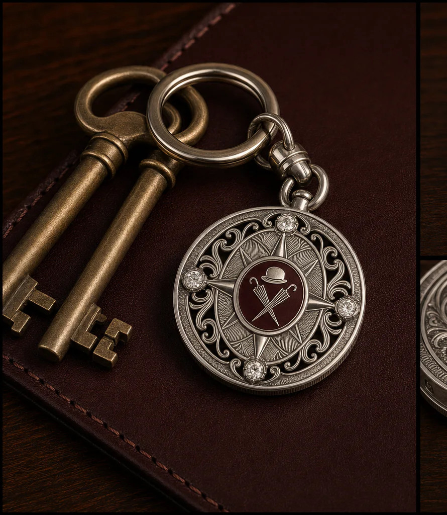 Ornate sterling Steeple Compass keyring with four diamonds