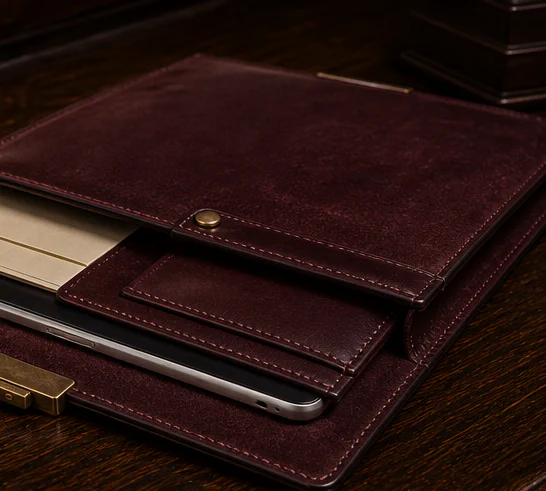 Open Editor’s Case showing its suede-lined document divisions