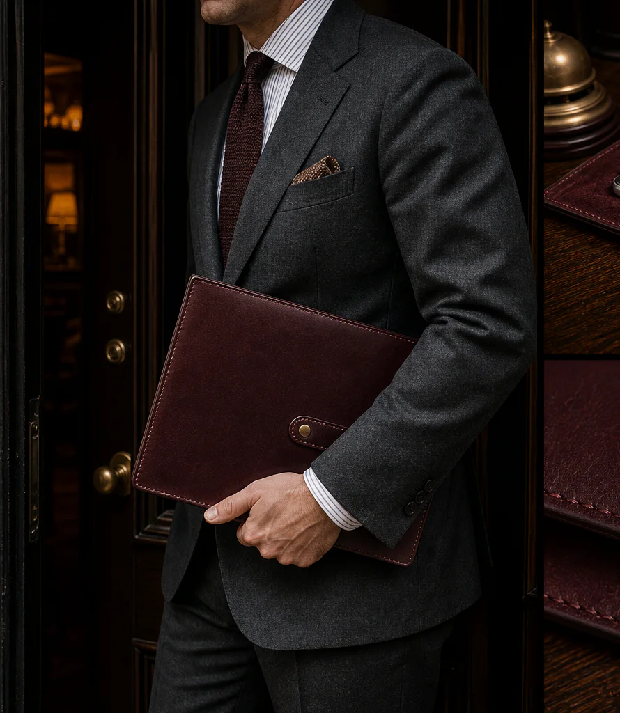Oxblood bridle-leather Editor’s Case carried with dark tailoring