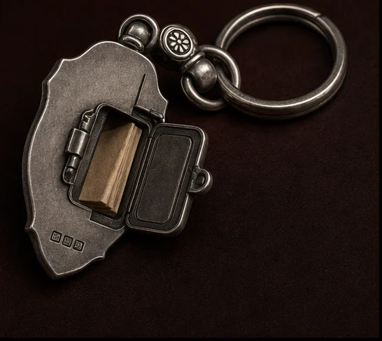 Close view of the hinged secret compartment and oxblood enamel