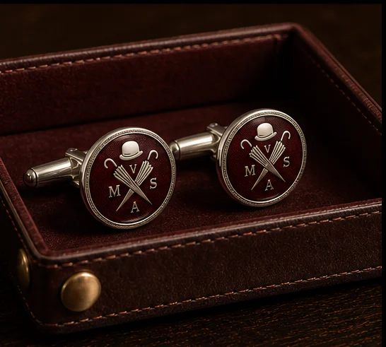 The Editor’s Cufflinks presented in their oxblood case