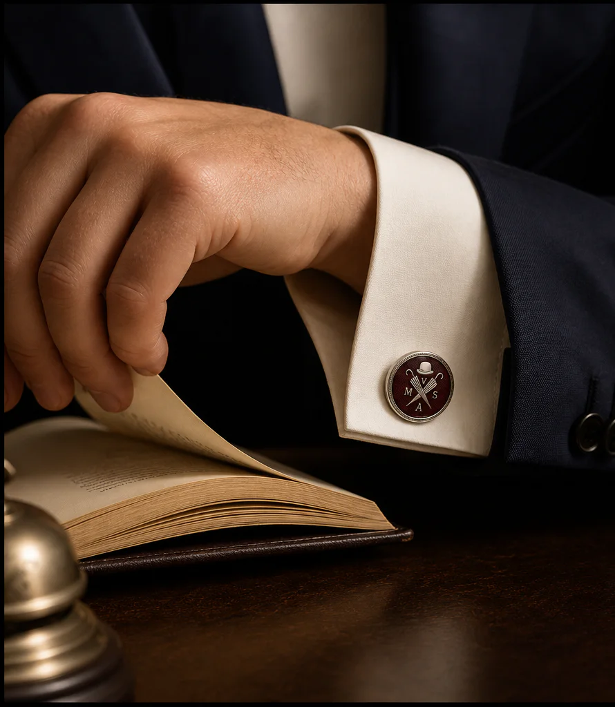 Oxblood enamel Steeple cufflinks worn with a double cuff
