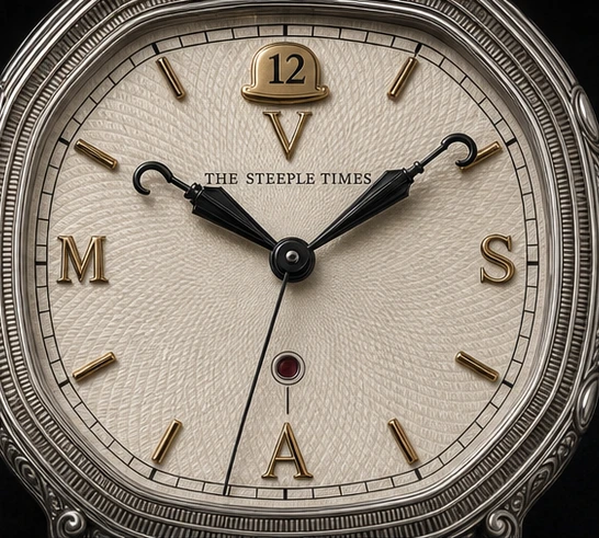 Close view of the London Noon Strike dial and carriage-clock case