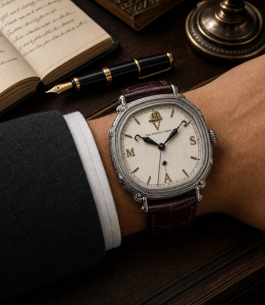 Steel London Noon Strike mechanical watch on dark tailoring
