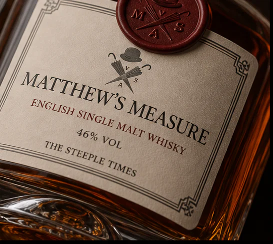 Matthew’s Measure bottle, book-cloth carton and cut crystal tumbler