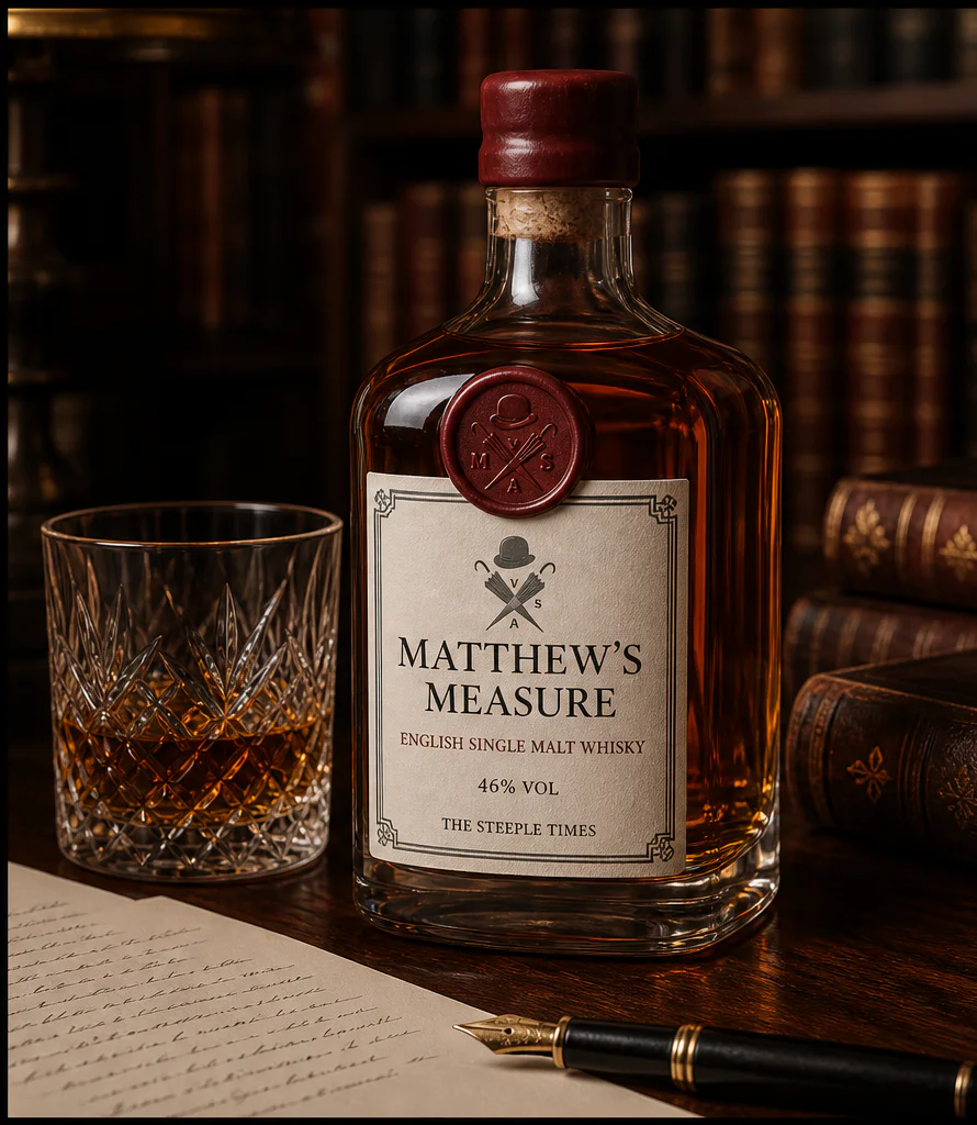 Matthew’s Measure English single malt whisky on a literary library desk