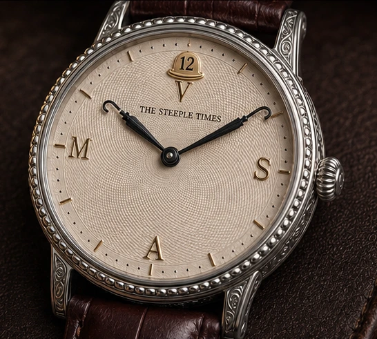 Close view of the No. 12 ivory dial, bowler marker and umbrella hands