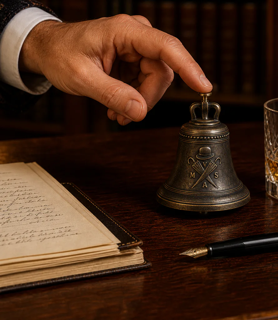 Bronze Steeple Noon Bell on a literary editor’s desk