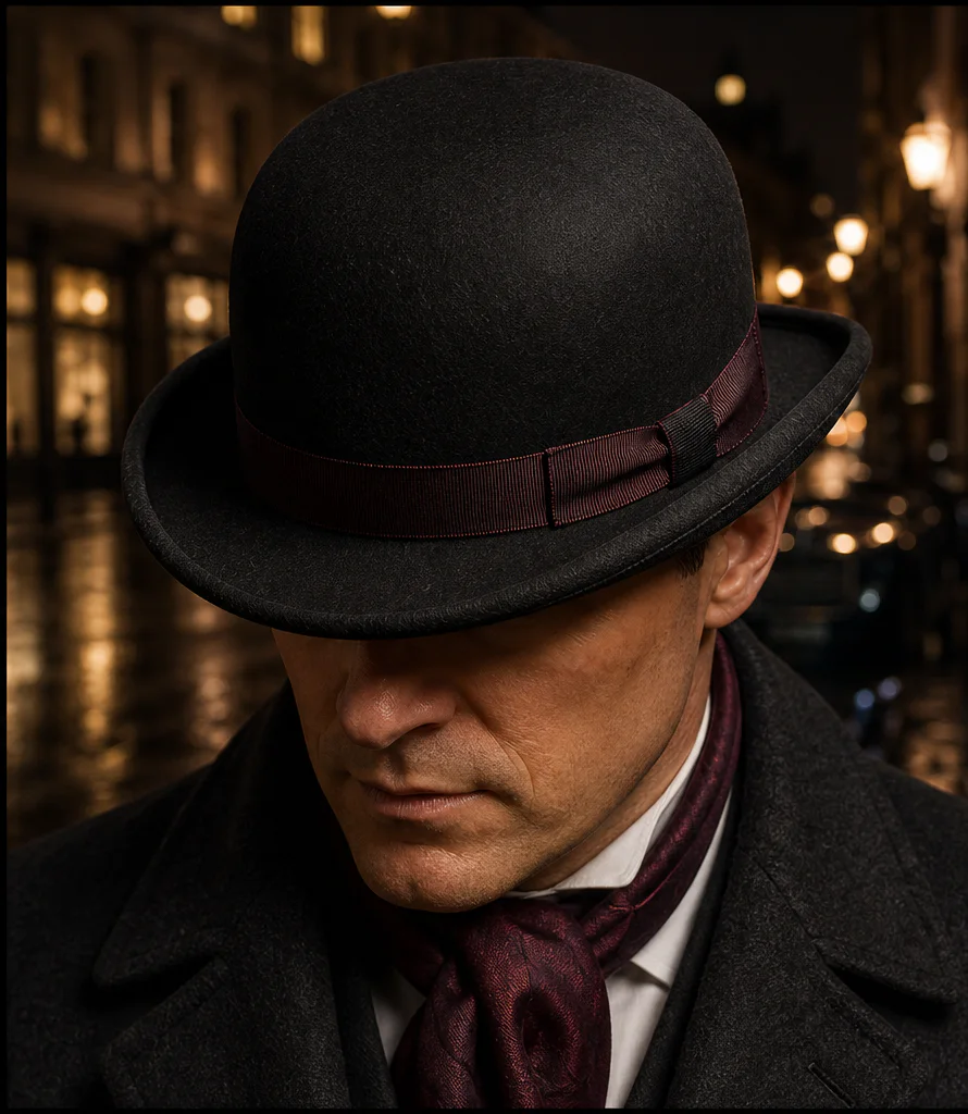 Black Steeple bowler with oxblood band worn in Mayfair