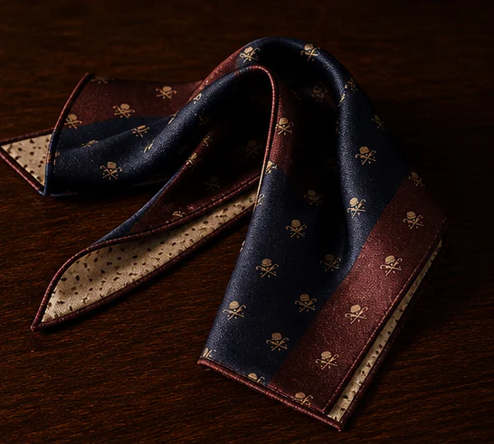 The Steeple Silk folded to show its oxblood, midnight and ivory pattern