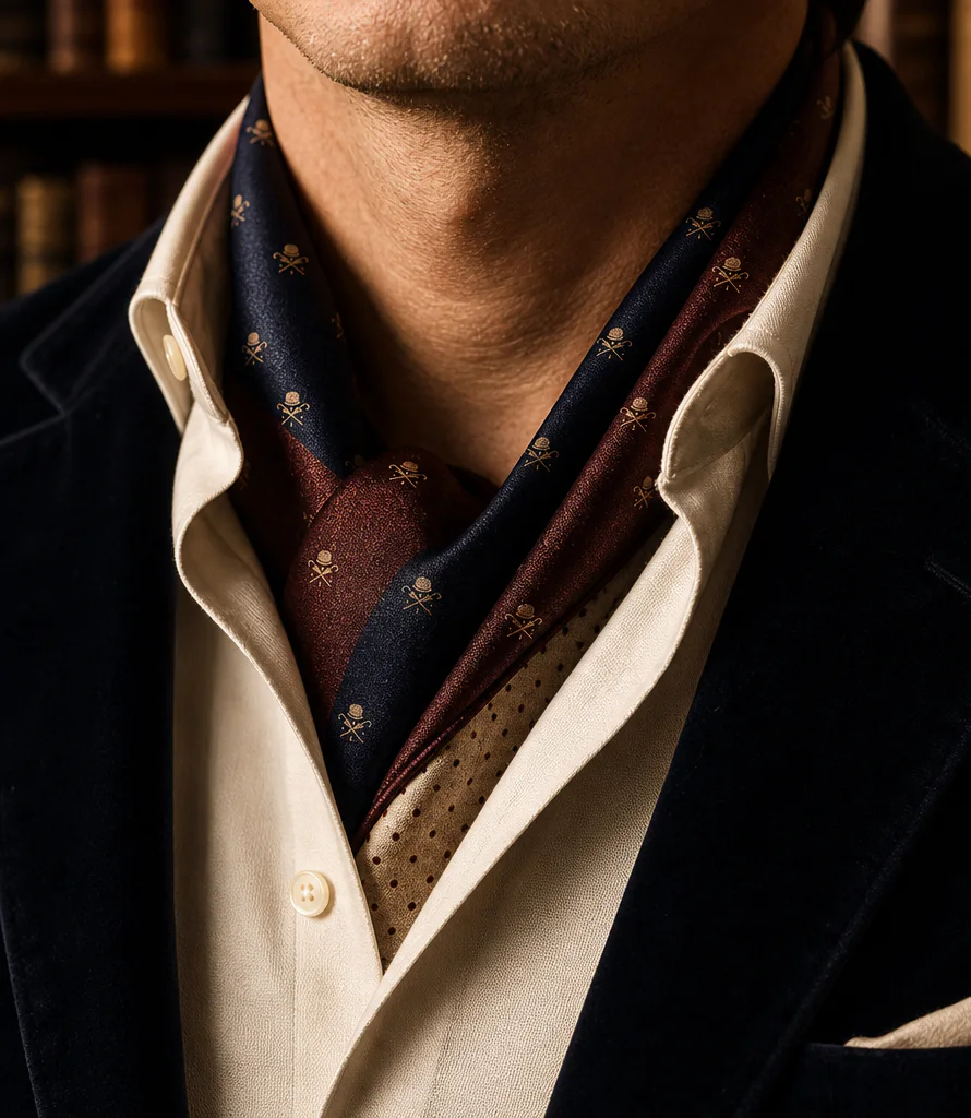 Steeple silk neck scarf worn beneath a tailored coat