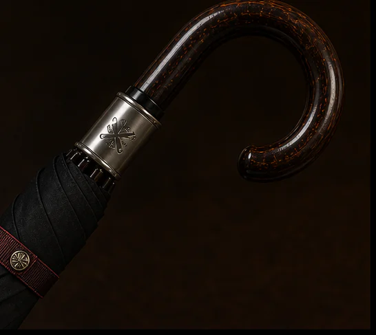 Close view of the Malacca cane handle and engraved silver collar