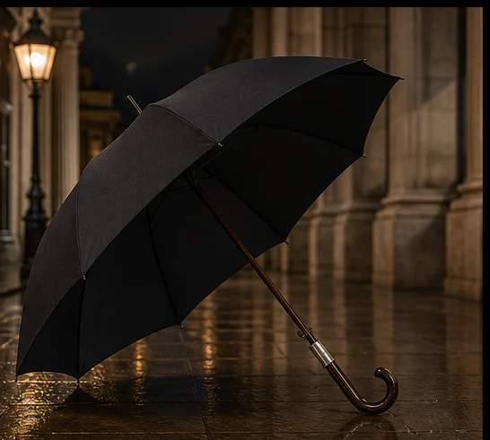 Open full-length Steeple umbrella showing its broad city canopy