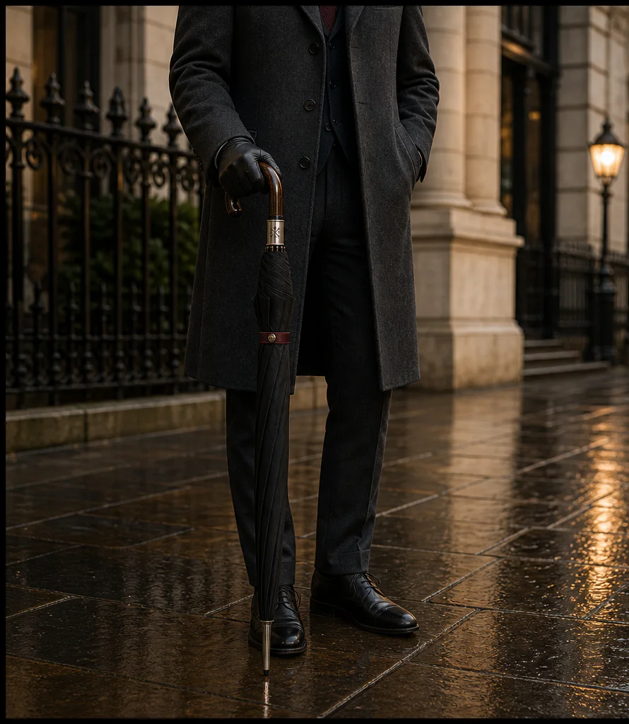 Full-length Steeple gentleman’s umbrella reaching from hand to pavement